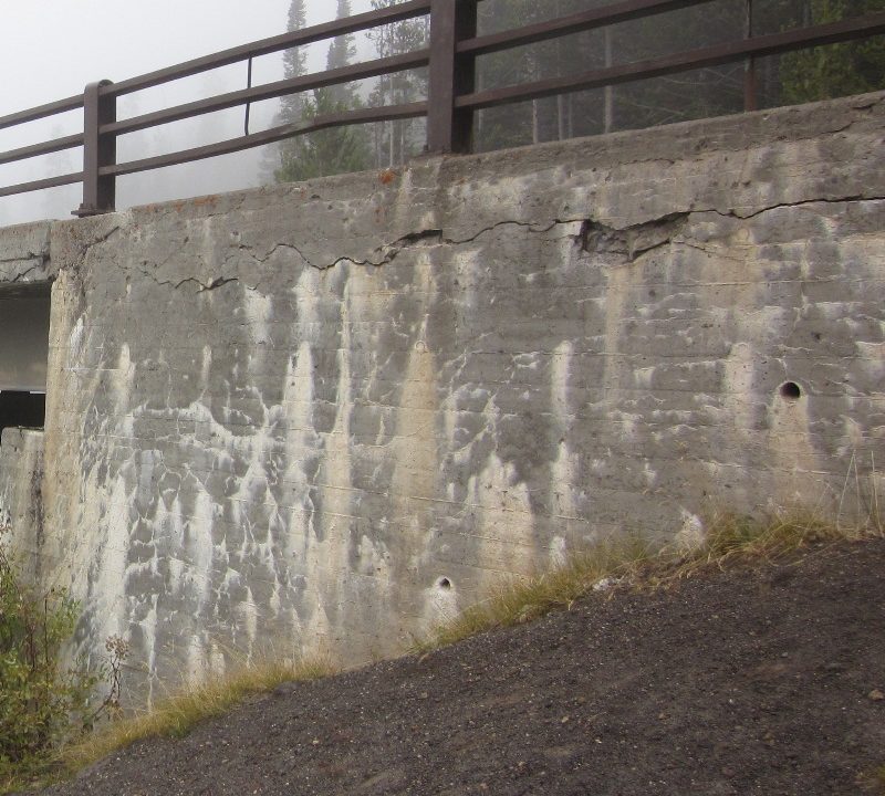 Reinforced concrete abutment, wingwall: Horizontal crack near top of wall; Efflorescence, leaching down wall face